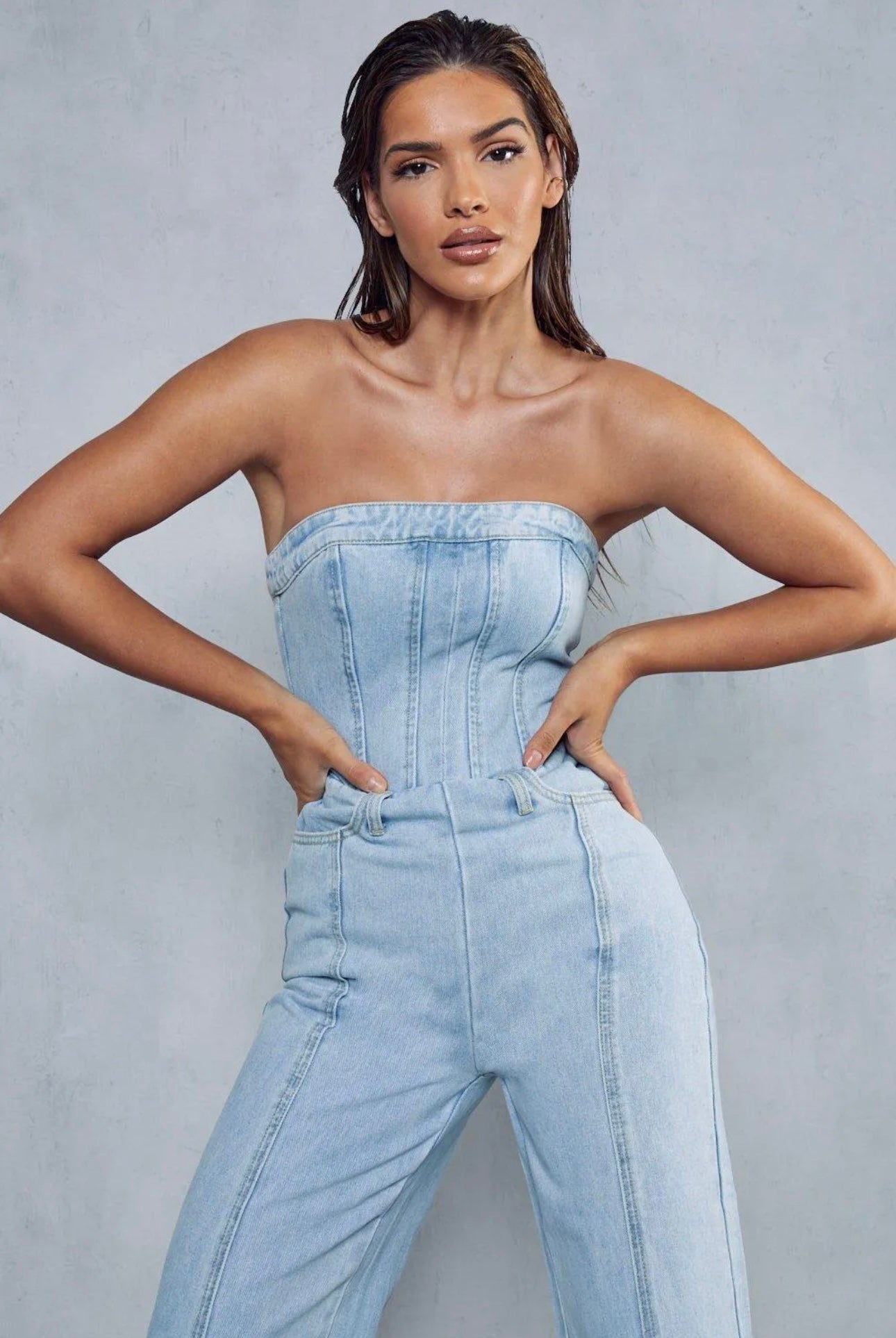 Bandeau Denim Wide Leg Jumpsuit!