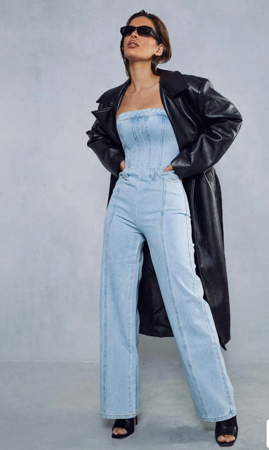 Bandeau Denim Wide Leg Jumpsuit!